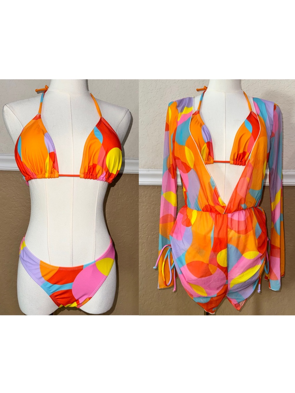 Colorful Abstract Pattern Bikini Set w Romper Coverup